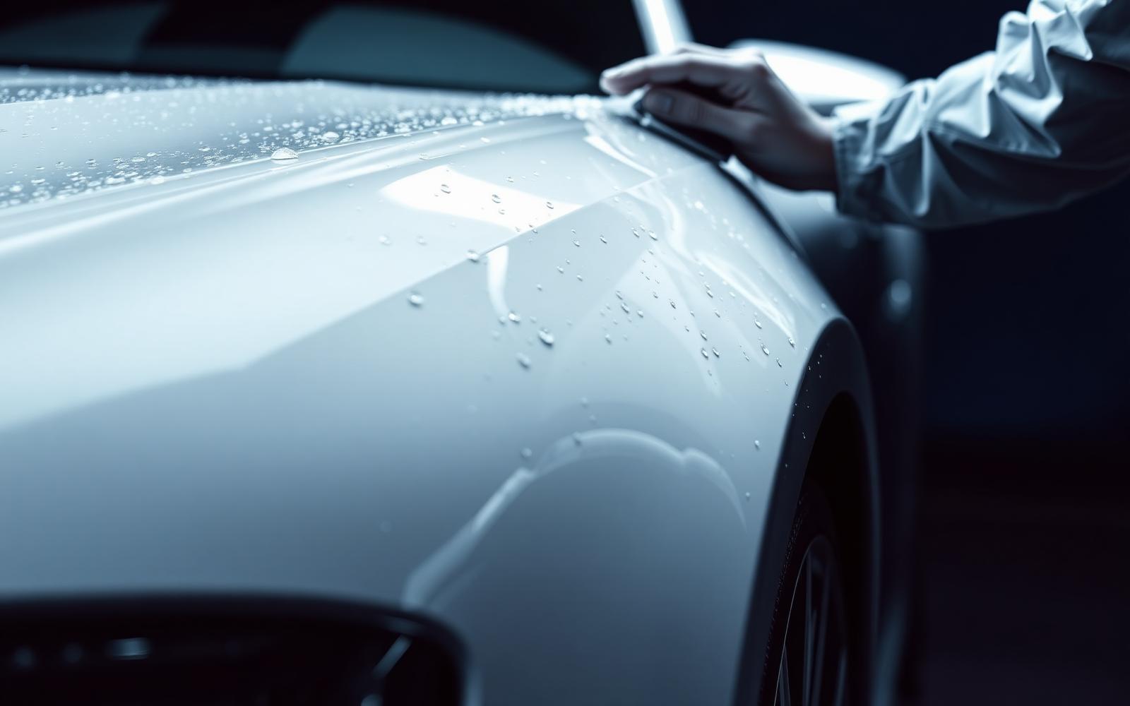 Freshly detailed car surface with water beads